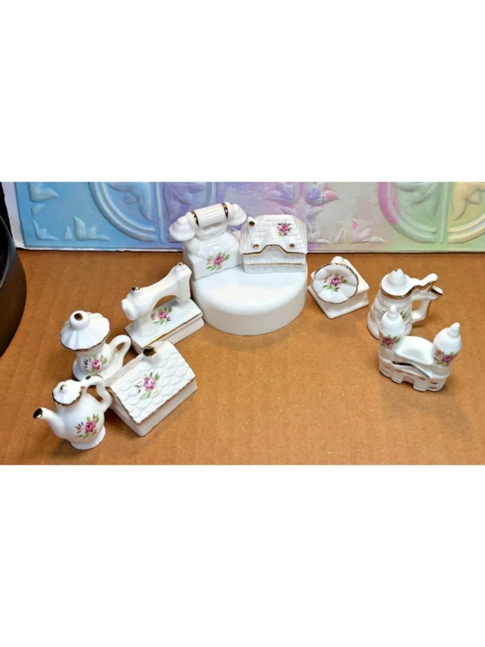 9pc White Ceramic Miniatures Set Pink Rose Accents & Gold Trim U69a